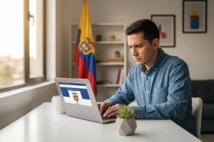 Persona consultando sus antecedentes judiciales en Colombia desde un computador portátil en oficina