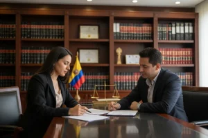Abogado laboral en Colombia explicando los derechos laborales a un empleado en oficina legal