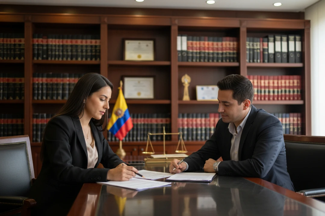Abogado laboral en Colombia explicando los derechos laborales a un empleado en oficina legal